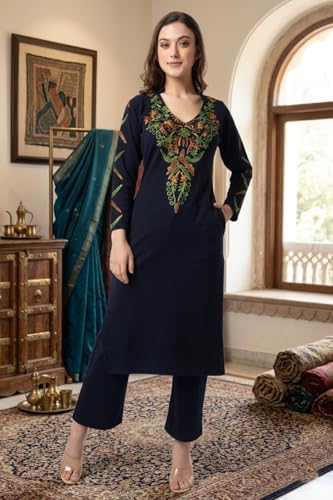Image of Rosary Women's Woolen Winter Embroidered Kurta with Palazzo | Warm Ethnic Suit Set - 2 Piece Outfit