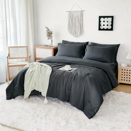 FMLIUY Double Brushed Micorfiber Queen Comforter Set Carbon Black - 7-Piece Bed in a Bag, All-Season Soft Bedding with Sheets & Envelope Pillowcases (88"x88",Queen)