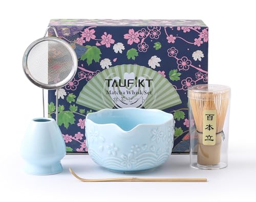 TAUFIKT Matcha Whisk Set, 5 Pcs Ceramic Matcha Set, Matcha Kit Set Includes Matcha Bowl, Matcha Whisk and Holder, Bamboo Scoop and Sifter, Matcha Tea Set, Ideal Gift for Family/Friend (Blue)