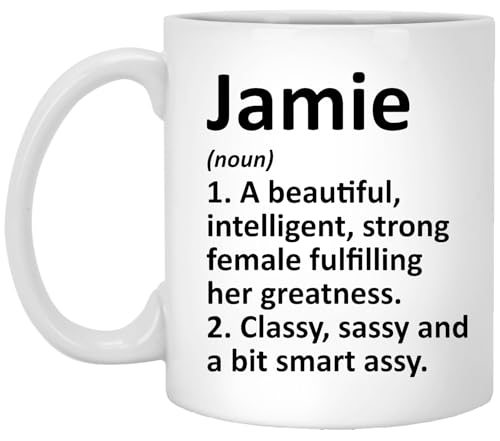 Jamie Name Definition Mug, Ceramic Coffee Cup, 11 Ounces, White, Dishwasher Safe, Double-Sided Print, Gift for Women