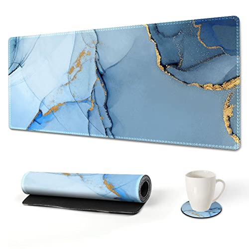 AIMSA Extended Gaming Mouse Pad, XL Large Keyboard Mouse Mat Desk Pad with Stitched Edges, Durable Non-Slip Base Mousepad for Home Office Work, 35x15.7inch,Blue Marble