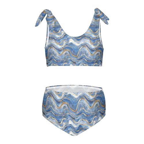 Watercolor Blue Gold Wave Girls Two Piece Tankini Swimsuits Summer Bathing Suit Beach Swimwear Set