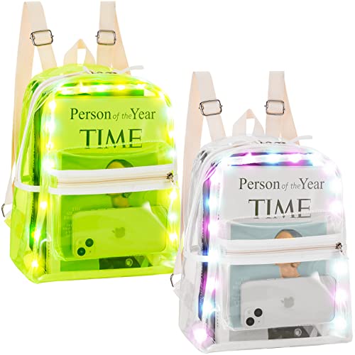 Amylove 2 Pcs Clear Backpack Glowing Backpack LED Backpack Glow Clear Book Bag Rave Accessories Transparent Waterproof Backpack for Women Men Festival Halloween Party Music Festivals School Sport