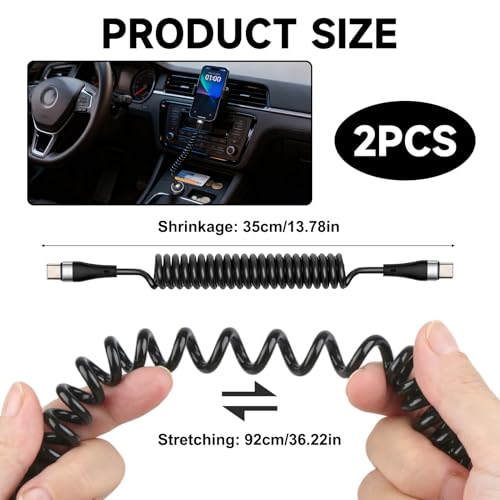 2 PCS 66W Coiled USB C to TypeC Cable for Car Charger Fast Charge Coiled Type-C Phone Cable 0.3-1.2m Short Data Transfer for Apple CarPlay Android Auto iPhone 16 17 Pro Max Galaxy S23 Ipad (Black)