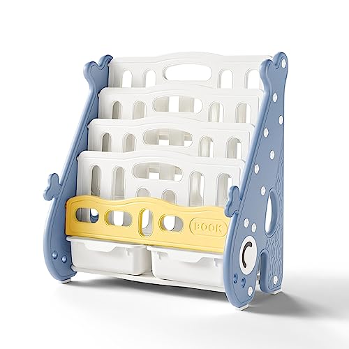Unicoo – Kids 5 Tier Bookshelf With 2 Toy Bins, Children Bookshelf & Toy Organizer Baby Whale Bookshelf (Blue) #TOP5