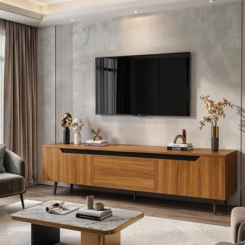 Image of ABOUT SPACE TV Unit for Living Room - TV Stand with 3 Fabric Foldable Drawer Storage Organizer Engineered Wood TV Table,Open Display Shelves for Soundbar,Decor (Teak- L 120 x B 31 x H 60 cm)