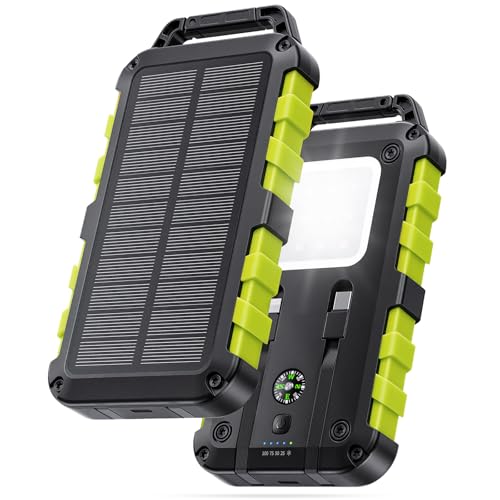 Batterie Externe Solaire 10000mAh Charge Rapide PD 22,5W Étanche IPX6, 3 Ports de Sortie, Lampe LED 3 Modes, Boussole, 2 Câbles Intégrés USB-C et Lightning pour Extérieur Camping