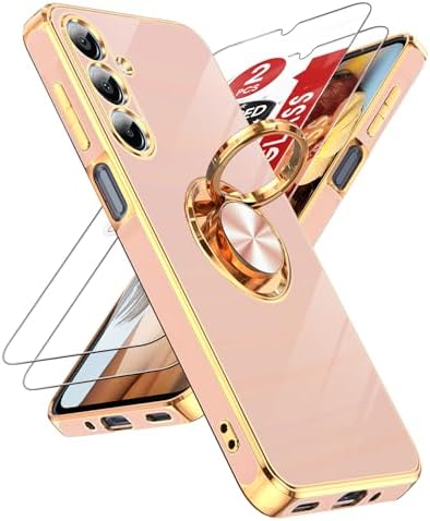 LeYi for Galaxy A16-5G Phone Case: 2 Pack Tempered Glass Screen Protector and 360° Rotatable Ring Holder Magnetic Kickstand, Plating Rose Gold Edge Protective for Samsung A 16 5G Case, Pink