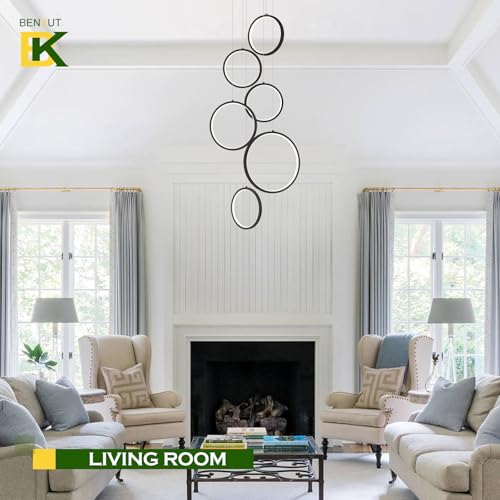 Benkut Modern LED Chandelier 6 Ring Black LED Pendant Light Adjustable Height Hanging Ceiling Light Fixture Dimmable Chandelier Ceiling Hanging for Foyer, Entryway(3000K-6500K H98.5in) by Benkut - Image 5