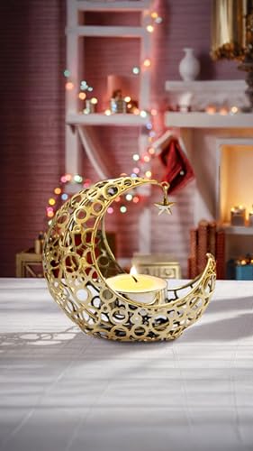 Honwor Elegant Gold Metal Moon & Star Candle Holders for Tea Lights & Votive Candles - Romantic Wedding & Party Centerpiece Decor
