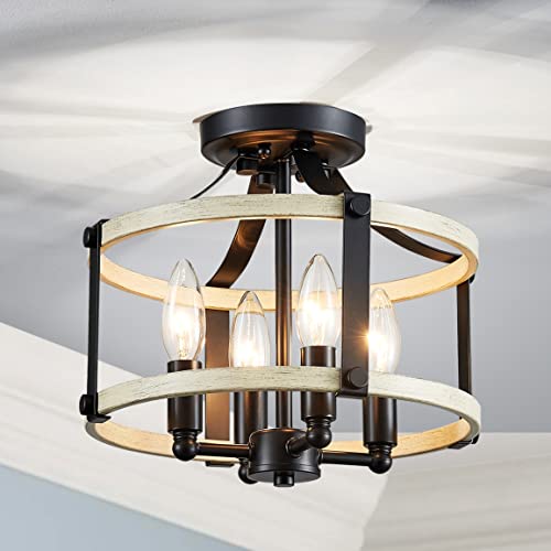Agv Lighting Cl021 Semi Flush Mount Ceiling Light Fixture, 3-Light Close To Ceiling Light, D12 X H10, White Ash Wood Texture & Matte Black Finish Frame #TOP2