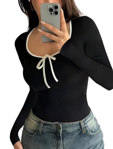Image of Black Slim Fit Scoop Neck Top, Long Sleeves Top for Women,Front Knot Top