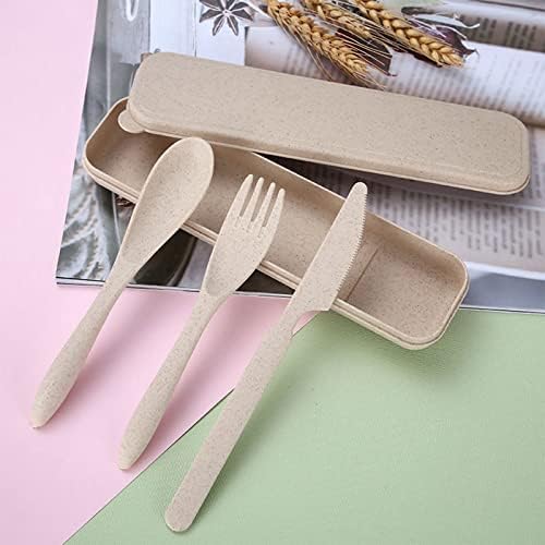 Travel Cutlery Set with Case, Reusable Cutlery Set Plastic Cutlery Set Plastic Forks Spoon Tableware, Portable Camping Cutlery Set for Adult Kids Travel Picnic Camping or Daily Use (Beige Blue)