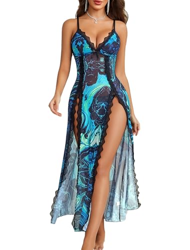 Avidlove Women Lingerie Lace Babydoll V Neck Chemise Mesh Nightwear Sexy Long gown Lingerie Sheer Nightdress Blue Tie Dye Large