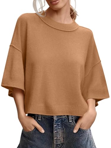 Image of Women's Short Sleeve Cropped Sweaters 2025 Summer Oversized Loose Fit Drop Shoulder Casual Sweater Tops