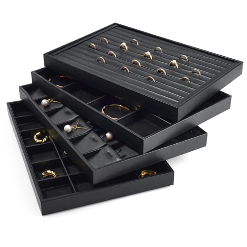 24 Grid Black Leather Jewelry Trays Earring Organizer Tray Jewelry Display Trays Jewelry Drawer Organizer for Ring Earrings Storage Display (Black)