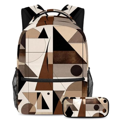 Sac à dos et trousse géométrique marron pour l'école