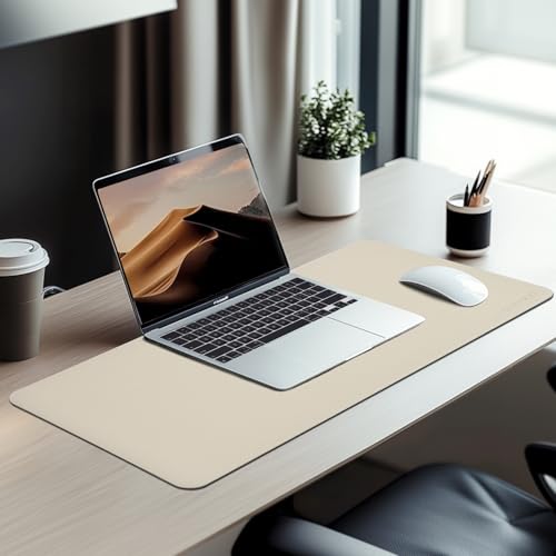 Image of AROPANA Vegan Leather Desk Mat | Large Reversible Mouse Pad & Computer Table Protector | Dual-Side Waterproof Extended Laptop Pad with Edge-Stitched Design (80x40CM, White and Coffee)