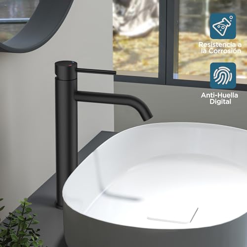 Miniatura 2 de Forious Grifo Lavabo Alto, Grifo Monomando Para Lavabo Alto En Negro Con Altura De Salida De 190 Mm, Mezclador De Un Solo Mango Para El Lavabo Del Baño, Lavamanos, Baño De Invitados