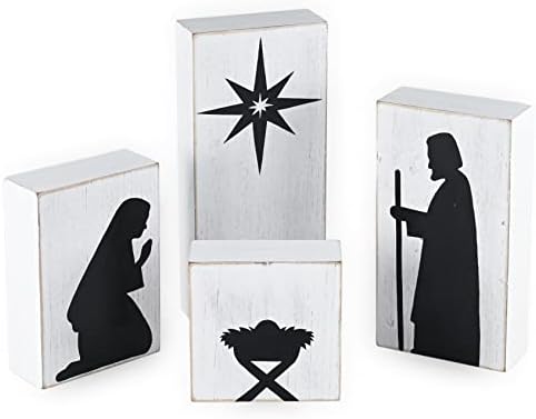 Ornativity Wooden Block Nativity Scene - Black Silhouette Christmas Figures on White Painted Wood Blocks Indoor Nativity Table Top Set Decorations - 1 Set