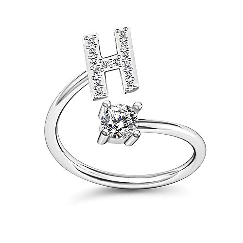 Image of HUJUON Silver Initial Letter Ring for Women. Adjustable Crystal Alphabet Ring,Name Initials Stackable Knuckle Rings A-Z CZ Open Ring