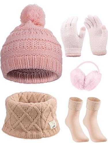 5 Pack Girls Winter Warm Hat and Gloves Set Knitted Scarf Hat Beanie Pompom Hat Kids Toddler Ear Muffs Warmer Socks, Pink, One Size