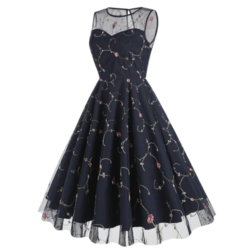Image of 1950s Dresses for Women Vintage Floral Embroidery Mesh Dress Sleeveless Round Neck Swing Dress