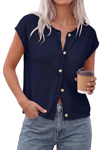 PRETTYGARDEN Sweater Vest Women 2026 Summer Spring Cap Short Sleeve Cardigan Lightweight Button Down Trendy Loose Tops (Navy Blue,Large)