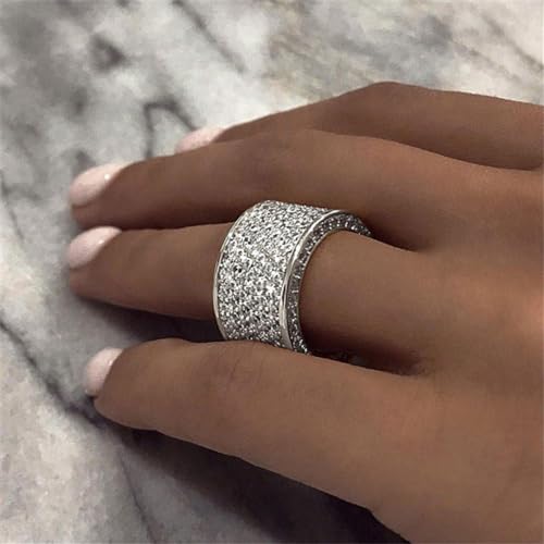 Cutesmile 10mm Wide Eternity Wedding Band 18k Gold/White Gold Plated Full Shiny Cubic Zirconia Crystal Diamond Engagement Wedding Wide Band Ring for Women(Silver 7)