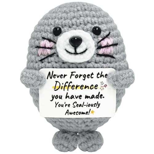 Birthday Gifts for Women Men - Emotional Support Crochet Seal with Positive Card, Inspirational Animal Companion for Coworkers Friends Mom Dad, Cute Desk Decor for Christmas Graduation Anniversary
