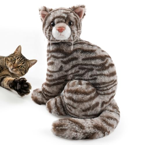 Hideekoog Striped Tabby Cat Stuffed Animal 9.8 Inch Realistic Plush Toy Cute Kitty Plushie Soft Comfort Toy Pet Alternative for Adults Elderly Children Bedroom Decoration Huggable Kitten Figure