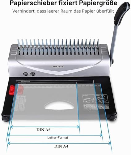 MAKEASY Bindemaschine 21-Loch bis DIN A4 | Stanz- & Spiralbindegerät für bis zu 450 Blatt | Stanzkapazität 12 Blatt inkl. 100 Plastikbinderücken Starterset | für Büro, Homeoffice & Schule