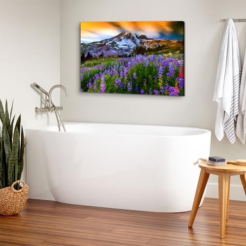 Image of Nature Flowers Landscape Wall Art Mountain Canvas Artwork Purple Floral Picture Wall Decor, Modern Wilderness Scenic Framed Painting for Living Room Bedroom Bathroom Office Home Decoration 24x36 inch