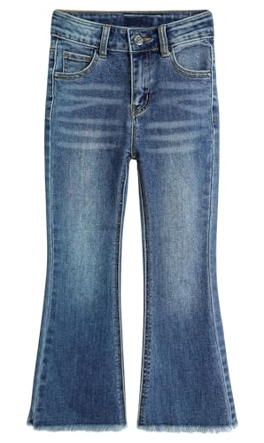 KIDSCOOL SPACE Girls Jeans, Split Hem with RAL Edges Elastic Waistband Inside High Stretch Denim Flared Pants