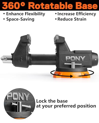 Image of PONY 6 Inch Heavy Duty Bench Vise 8800LBS Clamping Force, Pro Workshop Workbench Vise with 360-Degree Rotatable Base and Anvil, 6-inch Jaw Opening and Width for Woodworking, Drilling, Pipe Cutting