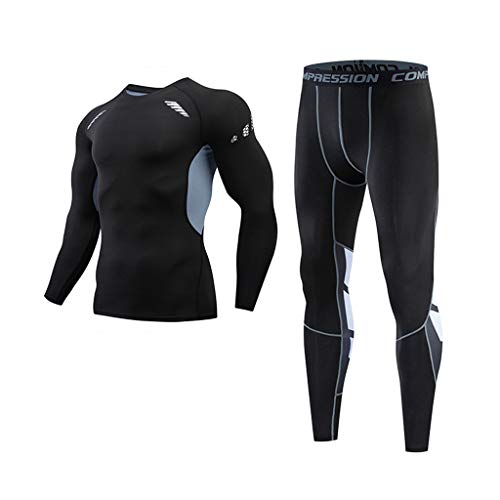 Rikay 2 Pcs Mens Gym Running Compression Set Sport Gym Wear Fitness Clothing Set for Running Cycling M-3XL Gray