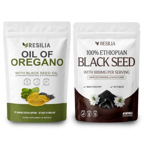 Resilia Oregano Oil Softgels & Ethiopian Black Seed Oil | Supports Immune & Digestive Health | Non-GMO & Gluten-Free | Dietary Supplement Duo | 120 Count (60 Softgels Each)