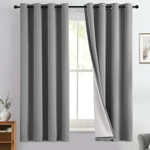 Image of Yakamok Dove Grey 100% Blackout Curtains 63 Inches Long 50 inch Wide 2 Panel | Blackout Curtain Panels for Bedroom, 2 Thick Layers Grommet Top Thermal Insulated Drapes with White Back for Living Room