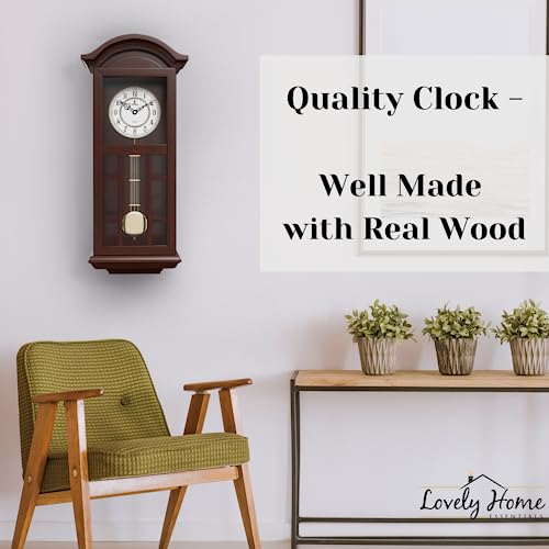 Pendulum Wall Clock - 27 inch Wooden Hanging Grandfather Wall Clock with Pendulum - Real Wood, Quiet, Non-Chiming & Battery Operated for Living Room Decor, Office & Home Décor Gift