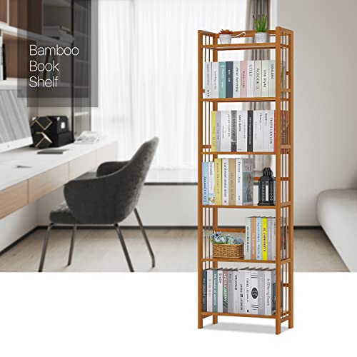 Monibloom Tall 6 Tier Bookshelf, Bamboo Multifunction Free-Standing Narrow Storage Bookcase Display Shelf In Living Romm Home Office, Natural #TOP7