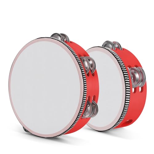 Flexzion Tamburin, Handtrommel mit Handgriff - 2er-Pack, 20cm+15cm Schellenkranz in Mond-Form aus Holz, Musik Schlaginstrument, zweireihige Schellenring mit Metall Schellen, Rot