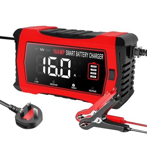16A Car Battery Charger, 6V/12V/24V Battery Charger for Lead Acid with Temperature Compensation, Smart Ten-Stage Trickle System,Suitable for Cars, Trucks, Lawn Mowers, Boats, And Marine Equipment