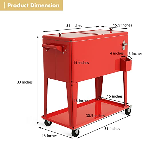 Giantex Rolling Cooler Cart, 80Qt Outdoor Cooler With Locking Wheels, Storage Shelf, Bottle Opener, Drain Plug, Patio Beverage Bar Cooler Trolley Ice Chest For Party Cookouts Bbq (Red) #TOP6