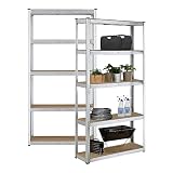 Système de Rangement à 5 Niveaux Lot de 2 Étagères à Plateaux Modulables pour Charge Lourde Capacité de Charge 175 kg par Niveau Acier Galvanisé MDF Plastique 180 x 90 x 30 cm Argenté