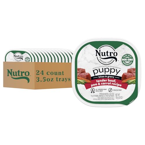 Nutro Puppy Grain Free Dog Food, Natural Wet Dog Food Bites in Gravy Tender Beef, Pea & Carrot Recipe, 3.5 oz. Trays (24 Count, Pack of 1)