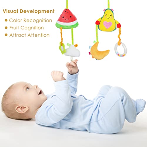 2Pcs Soft Plush Hanging Stroller Toys With Teether And Rattles,Newborn Stroller Car Seat Crib Toys Colorful Fruits Sensory Early Development Toy For 0-12 Months Toddlers #TOP2