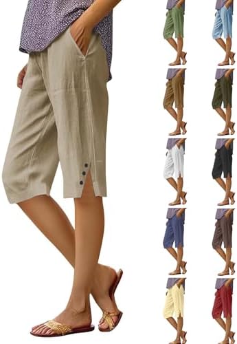 Bermuda Shorts for Women Knee Length Linen Shorts Beach Capri Pants with Pockets Causal Side Split Button Capris Pants