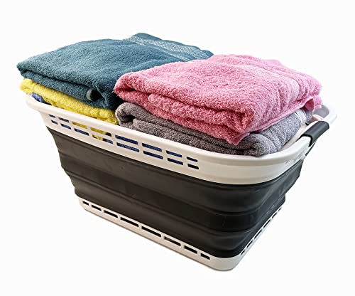 Image of SAMMART 42L (11 gallons) Collapsible Plastic Laundry Basket - Portable Pop Up Storage Container /Organizer - Portable Hamper - Space Saving Easy Storage (White /Asphait (Set of 2))