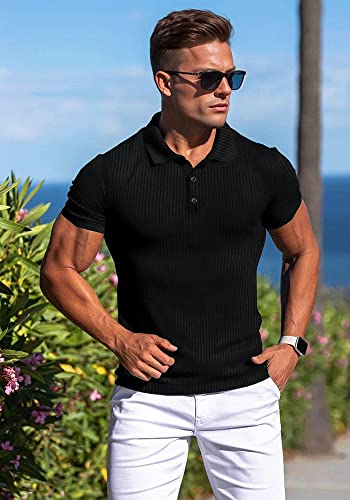 Agilelin Men's Muscle Slim Fit Polo Shirts Short Sleeve Stretch T-Shirts Casual Stylish Tee For Golf Workout(Black/M) #TOP2
