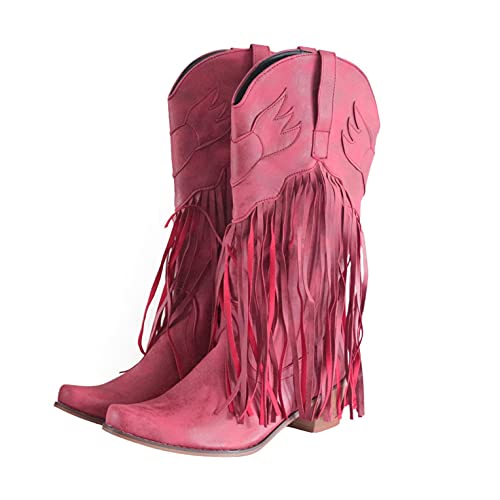Noldares Cowboy Boots For Women Square Stacked Heel Buckle Fringe Tassel Platform Boots Western Pointed Toe Mid Calf Boots #TOP3